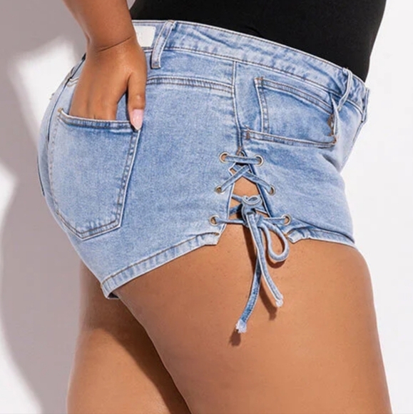 XL AKIRA LACE UP DAISY DUKE DENIM Micro SHORTS - Picture 2 of 9